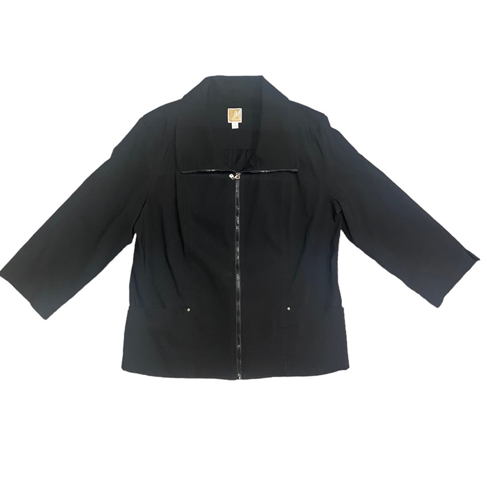 JM COLLECTION BLACK ZIP UP COLLARED JACKET POCKETS STRETCHY SIZE 14